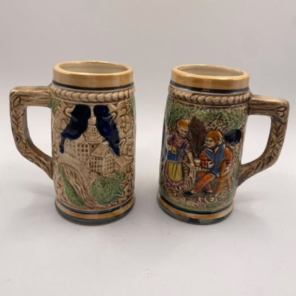 Vintage Napco Japan Mini Beer Steins Pair - Hand-Painted Tavern Scenes